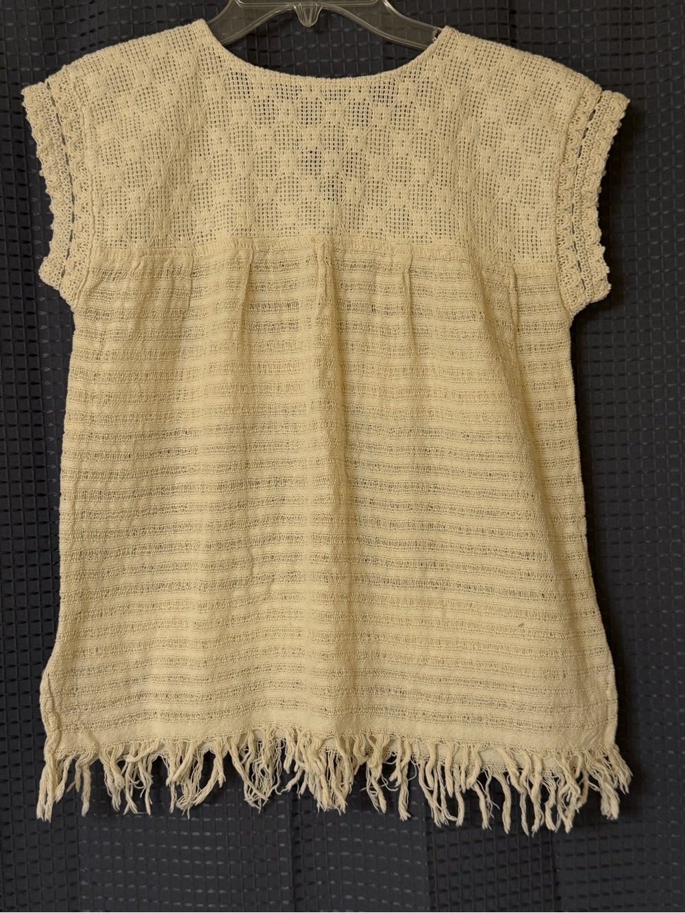 Cream Crochet Fringe Short-Sleeve Tunic Top